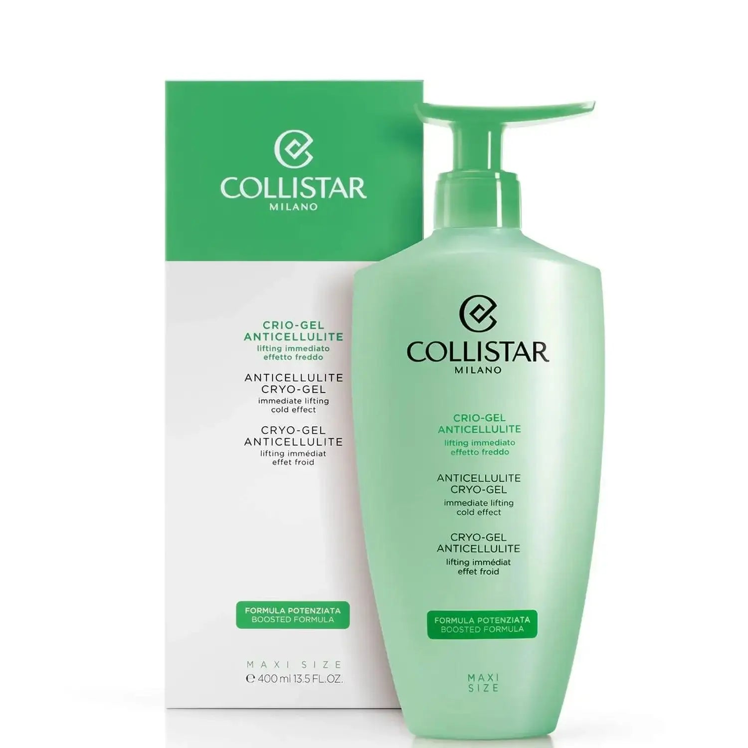 Collistar Milano Anticellulite Cryo-Gel 400ml in a green bottle with box. Refreshing body gel for firmer skin.