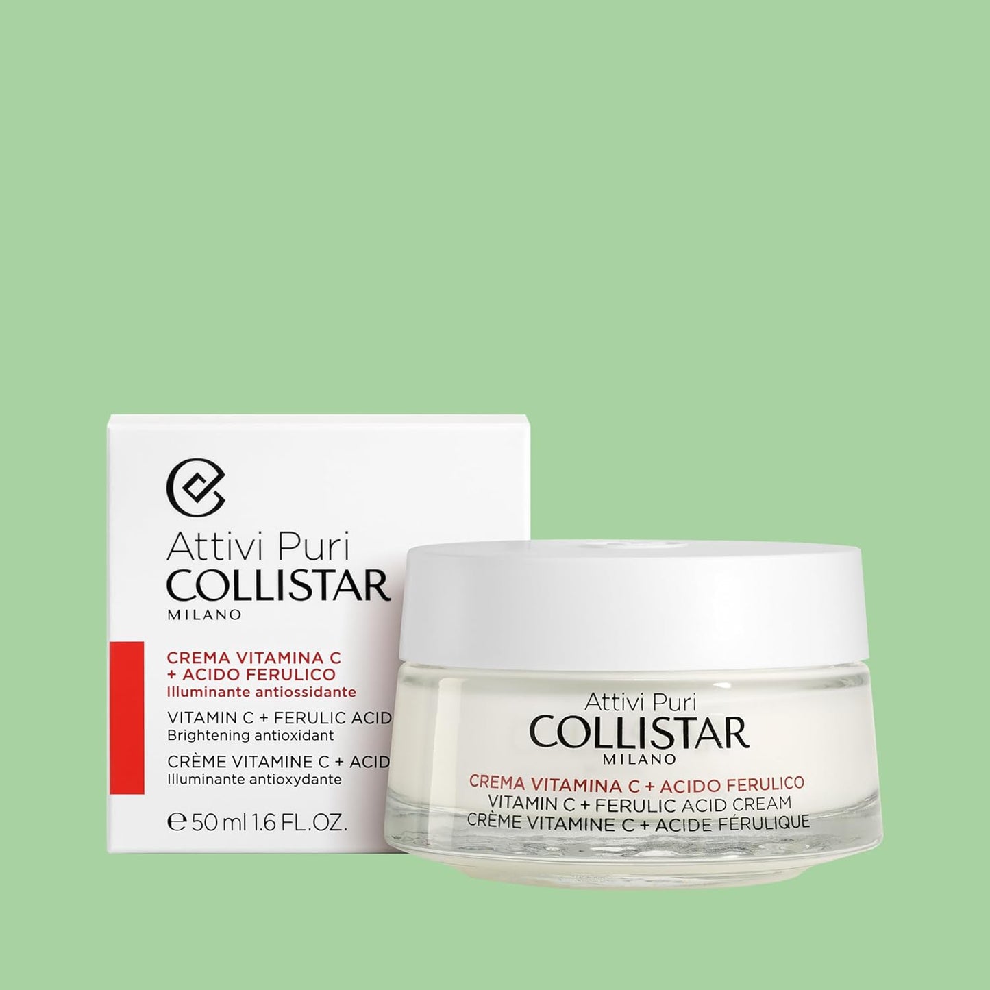 Collistar skincare cream jar and box on a green background