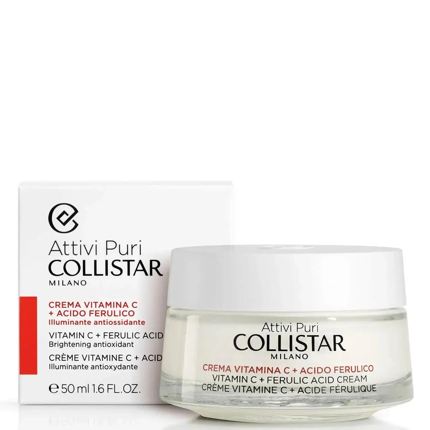 Collistar Vitamin C + Ferulic Acid Cream 50ml for brightened, hydrated skin in a stylish jar with box.