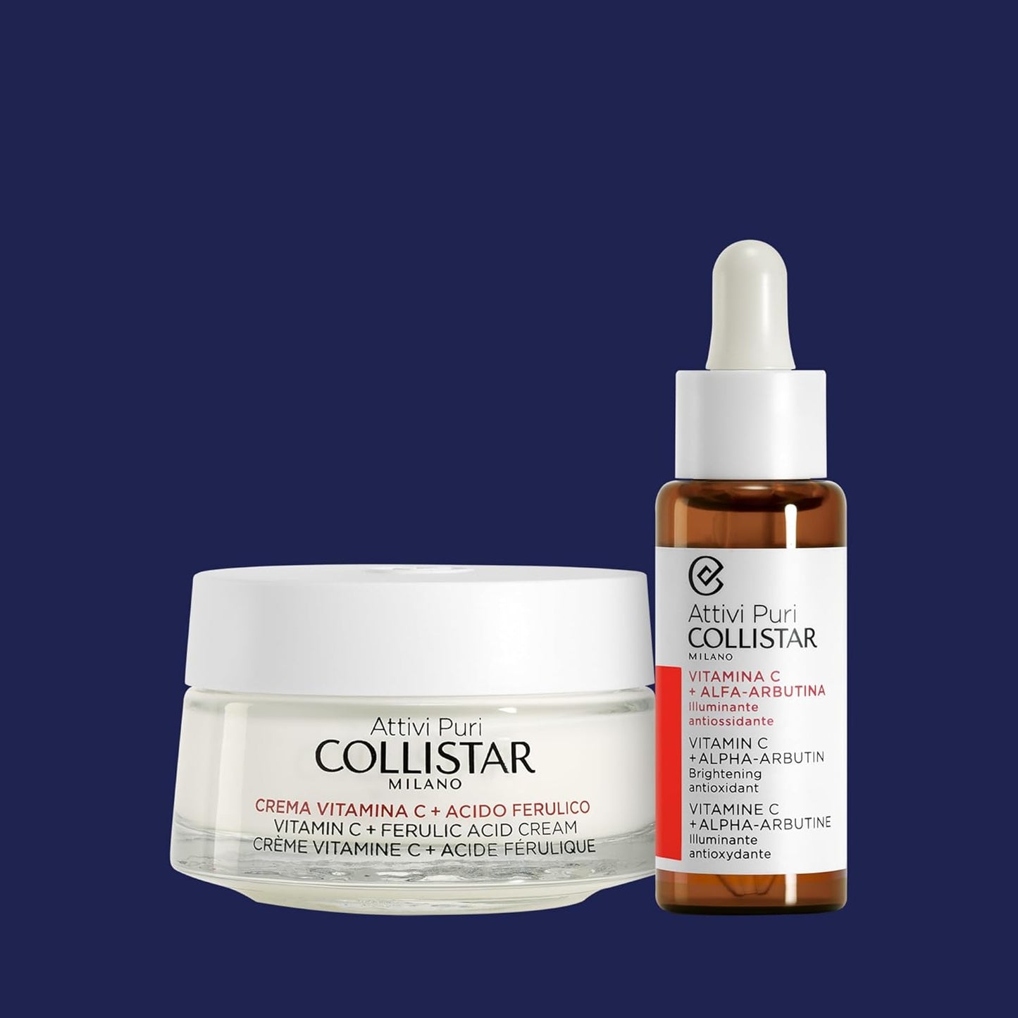 Collistar skincare products including a cream jar and a dropper bottle on a dark blue background
