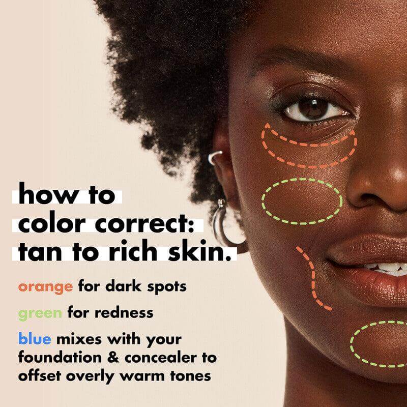 Guide on color correcting for tan to rich skin with e.l.f shades: orange for dark spots, green for redness, blue for warm tones.
