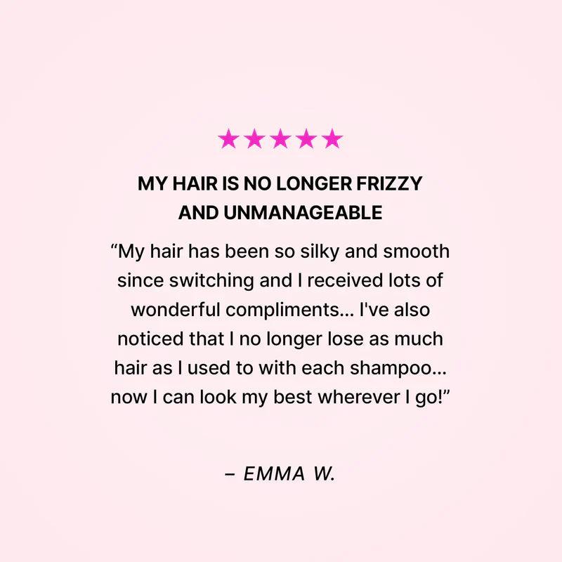 color wow Customer testimonial praising the effectiveness of a hair care product for frizz-free, manageable hair.