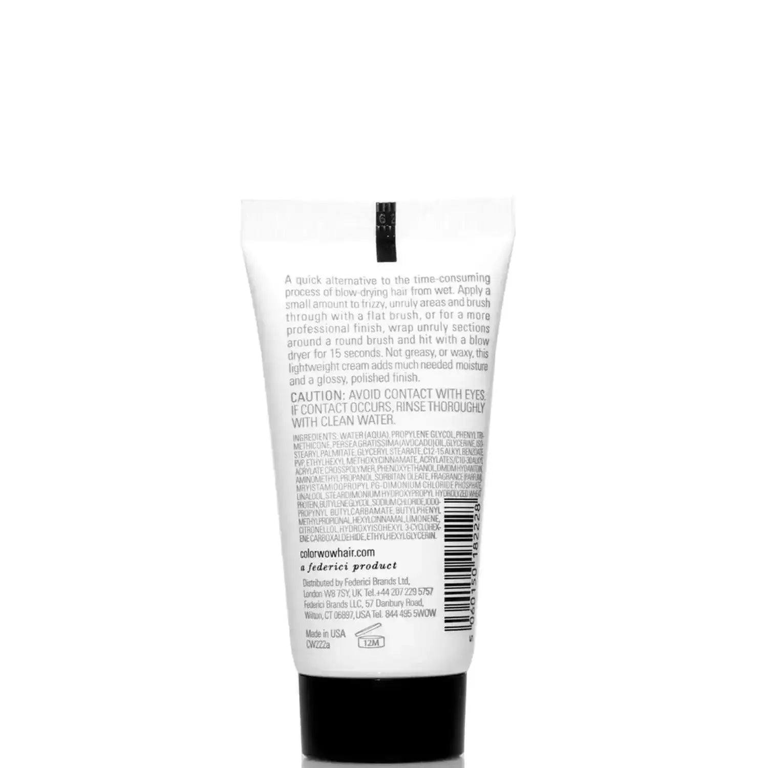 Color Wow One Minute Transformation Styling Cream tube back view with usage instructions and caution details.