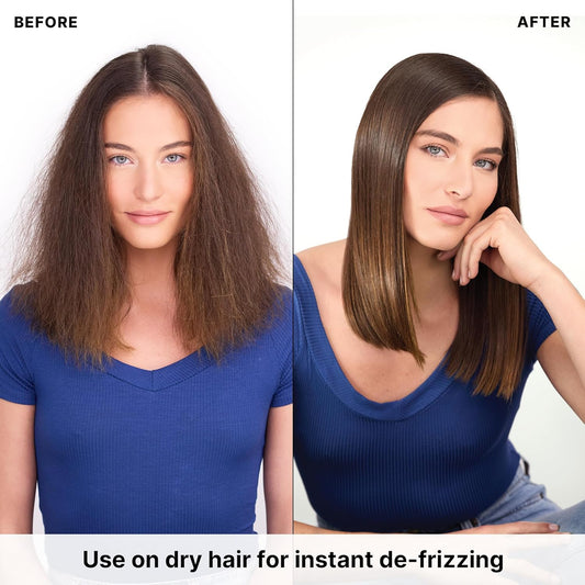 Color Wow Before and after comparison of a woman with frizzy hair on the left and straightened hair on the right, using a product for instant de-frizzing.