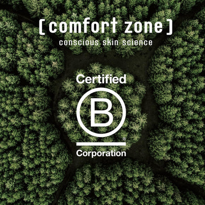 Certified B Corporation logo over an aerial view of a forest with 'comfort zone' branding.