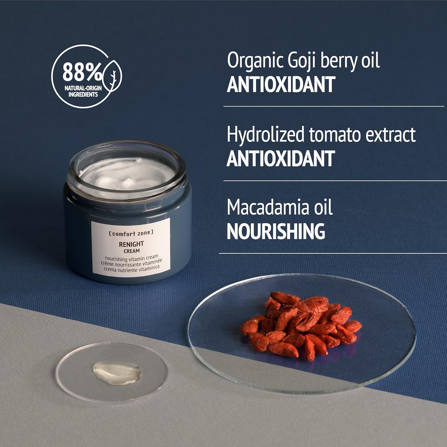 Ceramic jar of cream with goji berries and tomato extract on a blue background