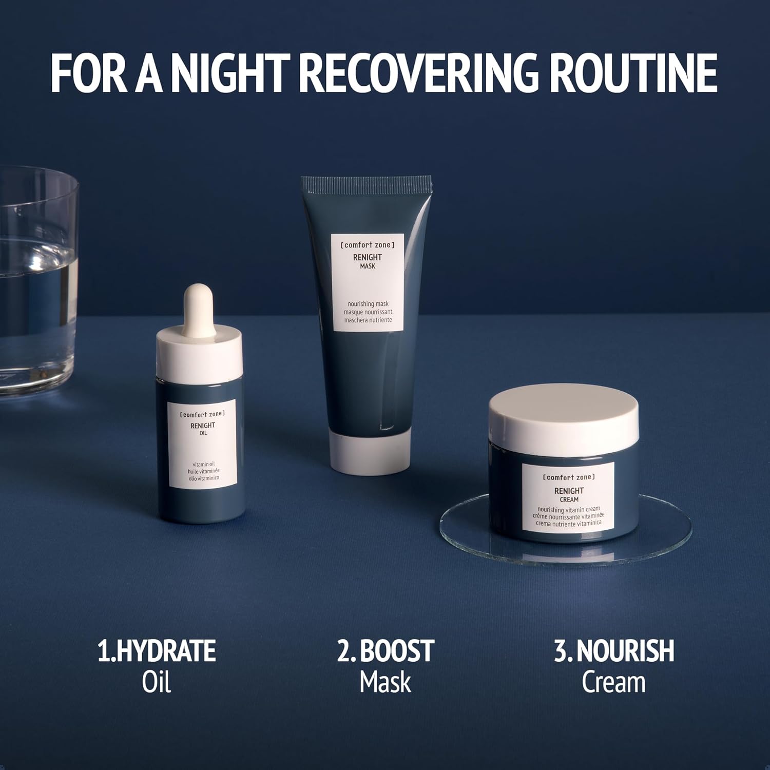 Cosmetic products for a night recovering routine on a dark blue background