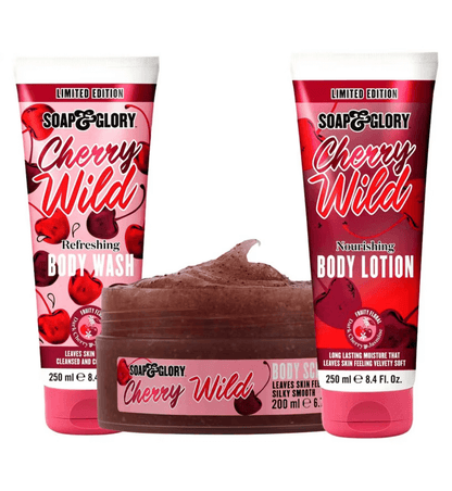 Soap & Glory Cherry Wild Bundle featuring body wash, body lotion, and body scrub with cherry scent in stylish packaging.