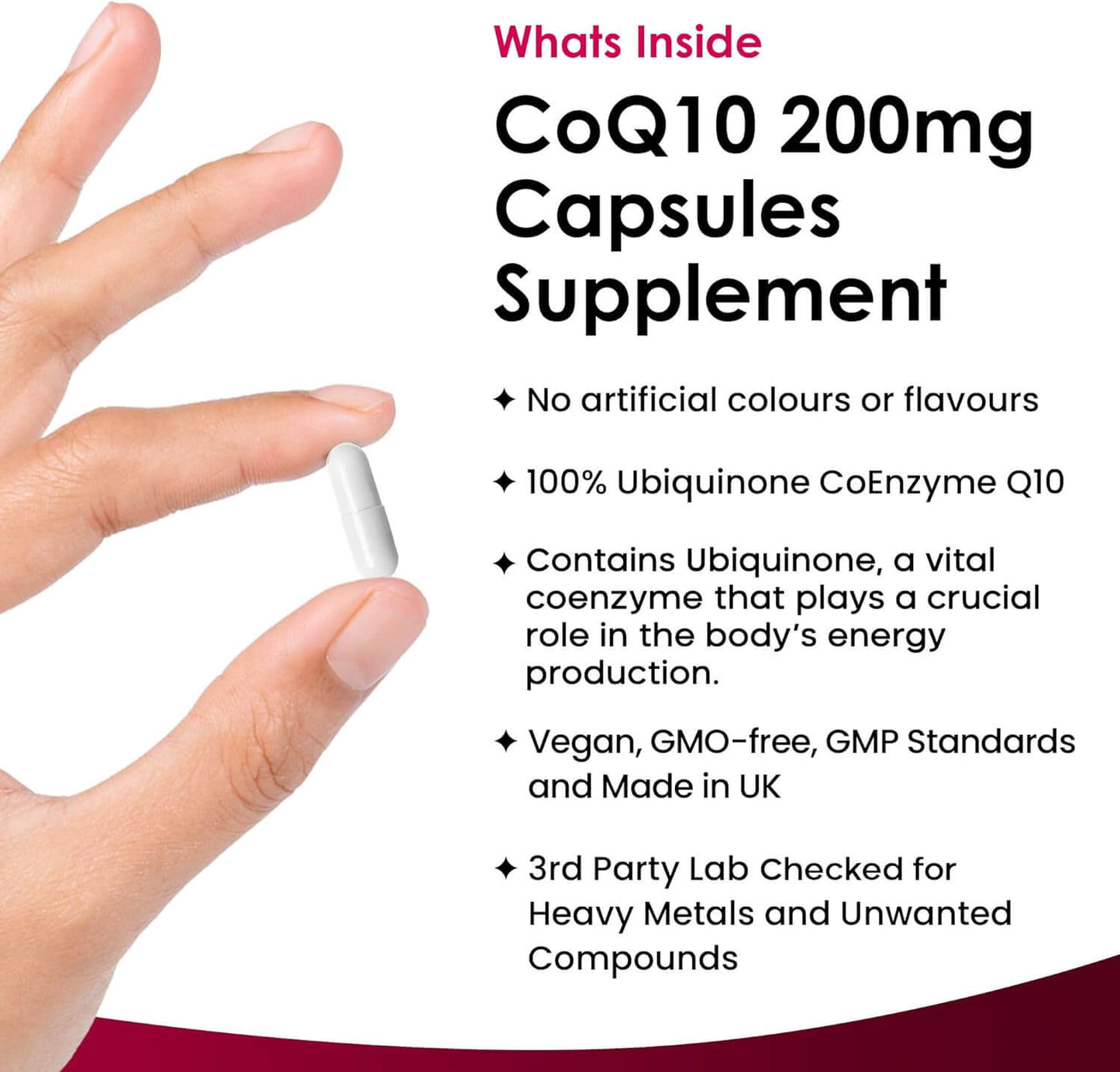 CoQ10 200mg Capsules supplement with a hand holding a capsule on a white background.