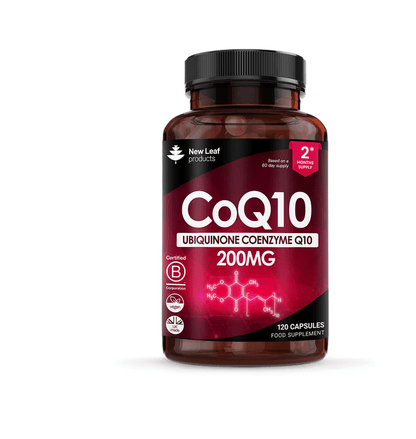 CoQ10 supplement bottle with New Leaf Products label on a white background