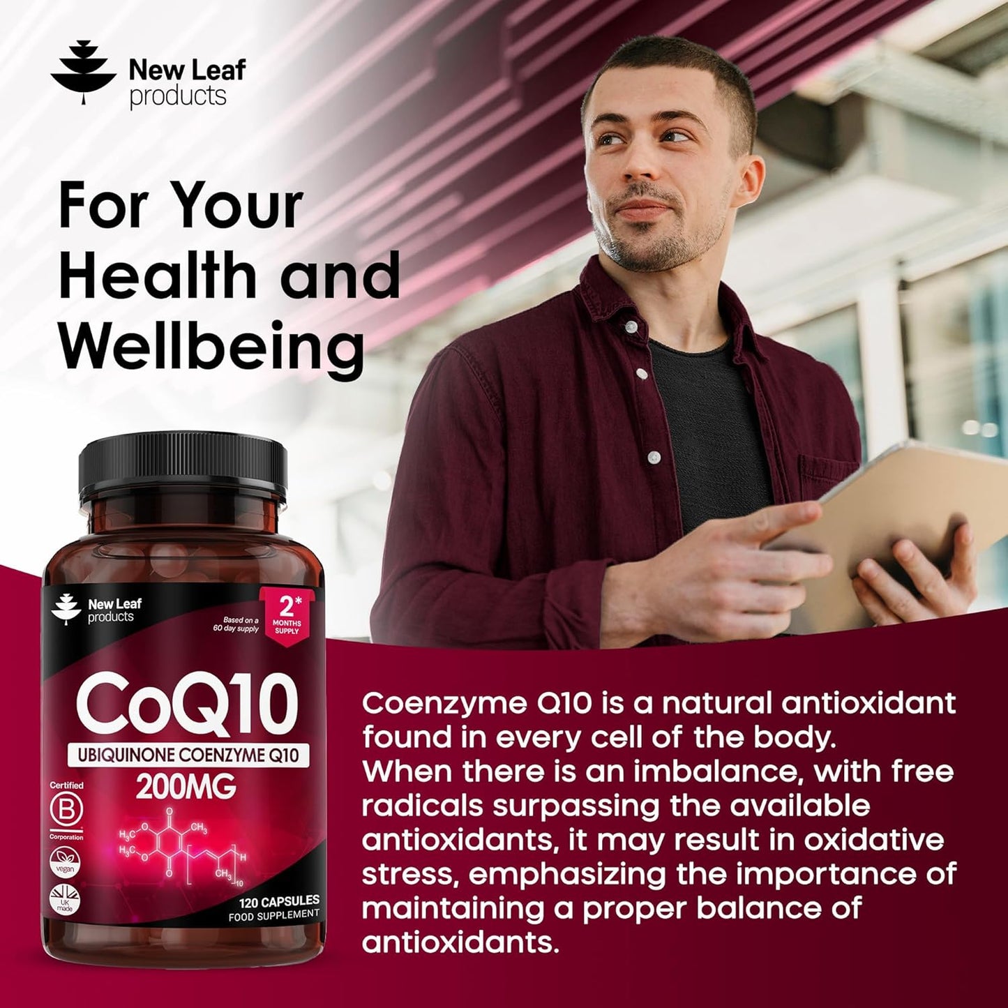 Man holding a tablet with CoQ10 supplement bottle and text about health and wellbeing.