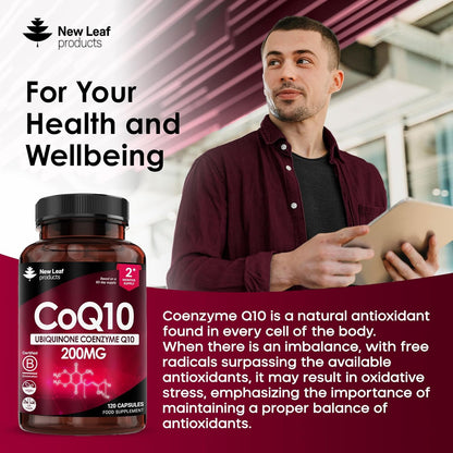 Man holding a tablet with CoQ10 supplement bottle and text about health and wellbeing.