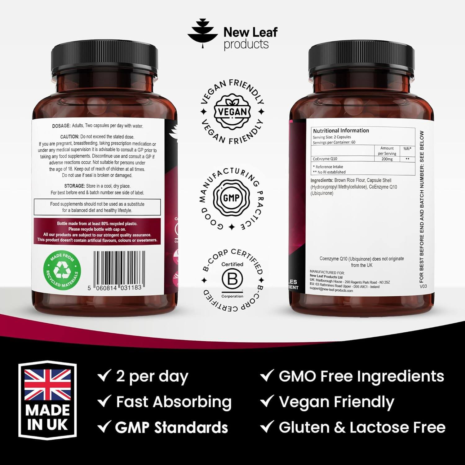 Two CoQ10 supplement bottles with labels on a white background, featuring New Leaf products branding.