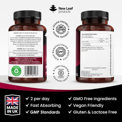 Two CoQ10 supplement bottles with labels on a white background, featuring New Leaf products branding.