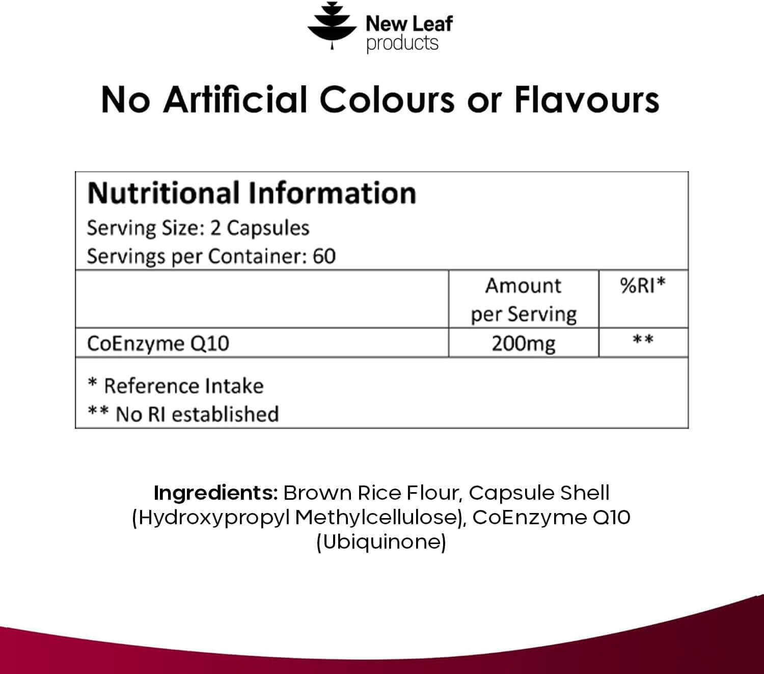 CoQ10 Nutritional information label for a supplement product with New Leaf Products branding.