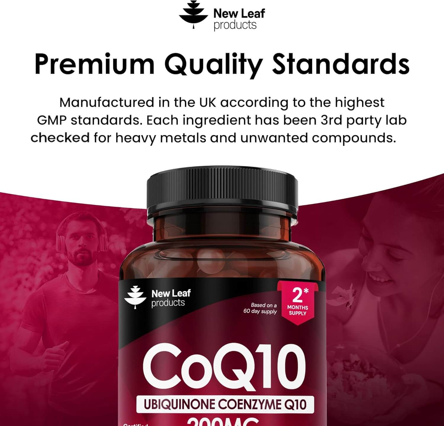 CoQ10 supplement bottle with New Leaf Products branding on a white background
