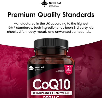 CoQ10 supplement bottle with New Leaf Products branding on a white background