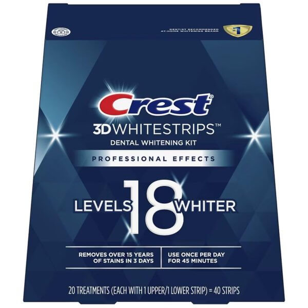 Crest 3D Whitestrips Professional Effects box with 20 treatments for whitening teeth 18 levels whiter in 3 days.