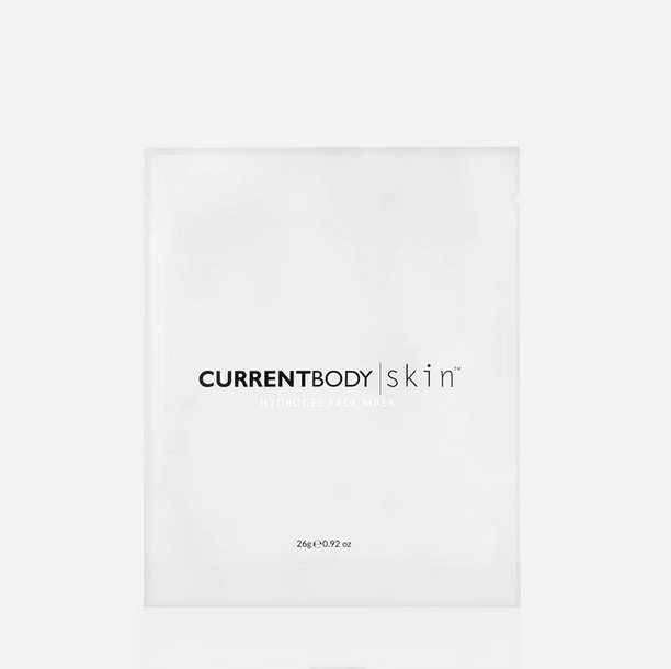 CurrentBody Skin Hydrogel Face Mask packaging, designed for hydration and complementary to LED light therapy.