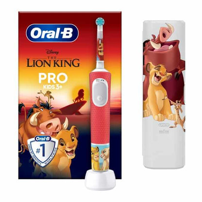 Oral-B Pro Kids Electric Toothbrush featuring Lion King characters, designed for kids aged 3+, with fun stickers.