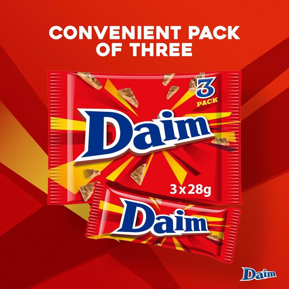Daim chocolate pack with 'Convenient Pack of Three' text on a red background