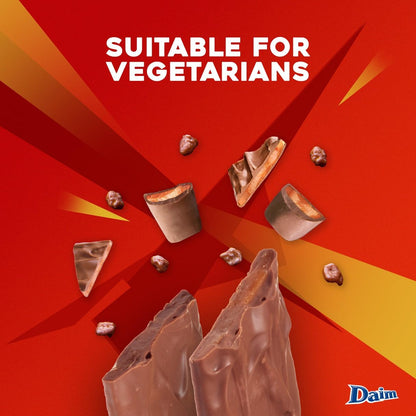 Daim Chocolate pieces on a red background with 'Suitable for Vegetarians' text and Daim logo.