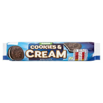 ASDA Cookies & Cream Biscuits pack, 154g, featuring crunchy cookies and creamy filling, perfect vegetarian snack.