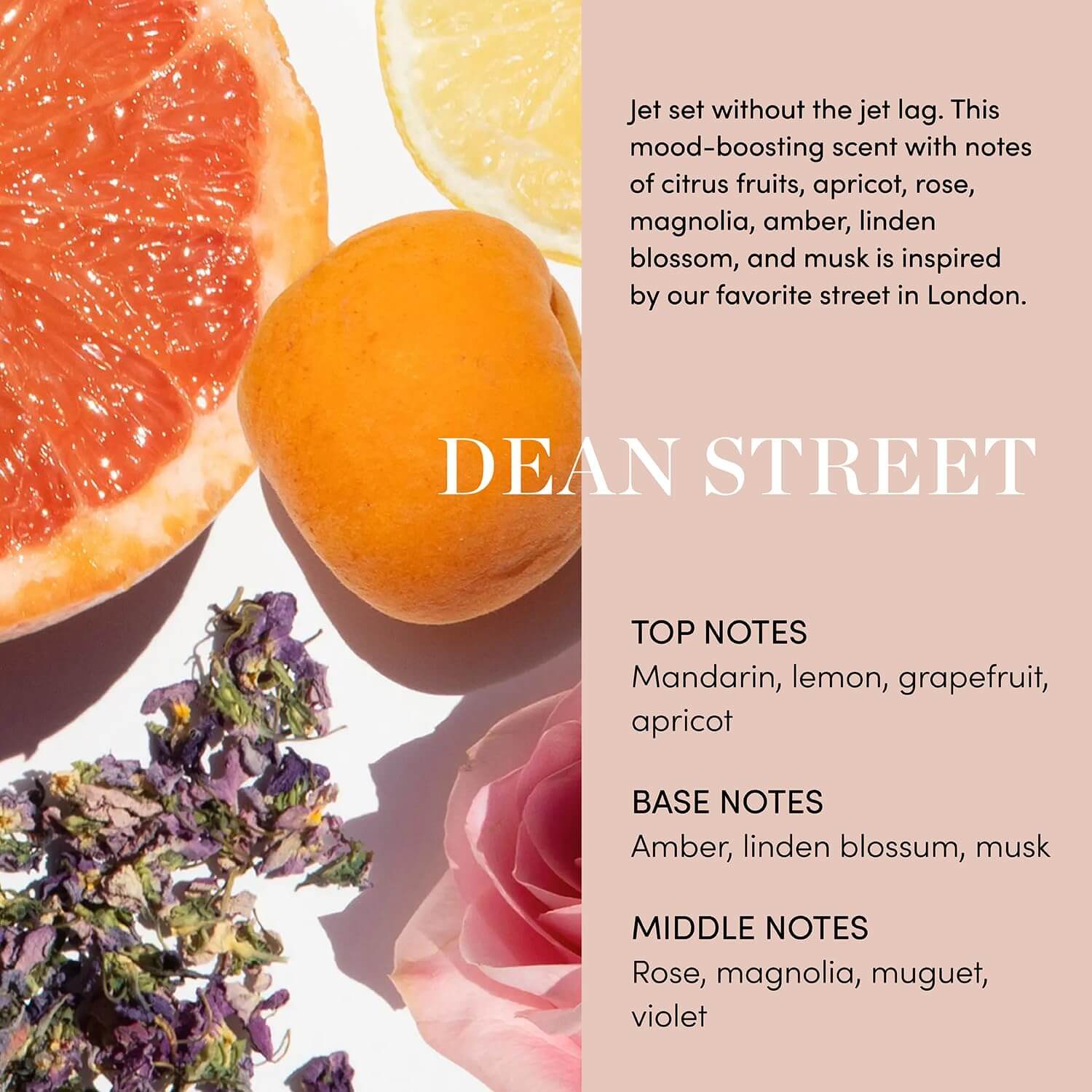 Fruit and floral elements with 'Dean Street' OUAI branding and product description.