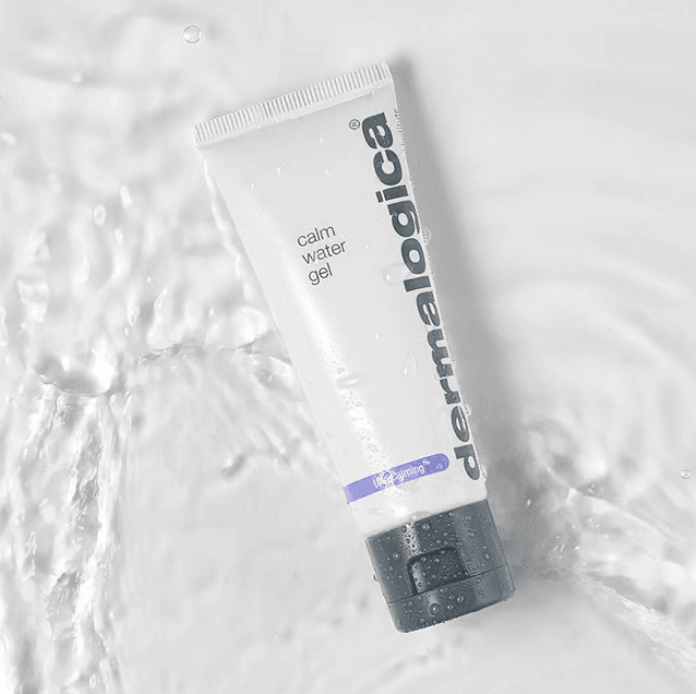Dermalogica Calm Water Gel tube on a watery background, designed for sensitive and dry skin hydration.
