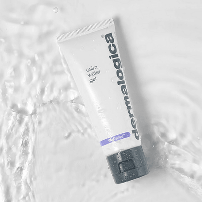 Dermalogica Calm Water Gel tube on a watery background, designed for sensitive and dry skin hydration.