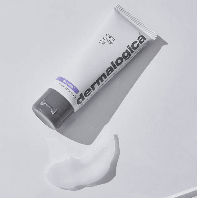 Dermalogica Calm Water Gel 50ml tube on a surface with a gel droplet, ideal for hydration of dry, sensitive skin.