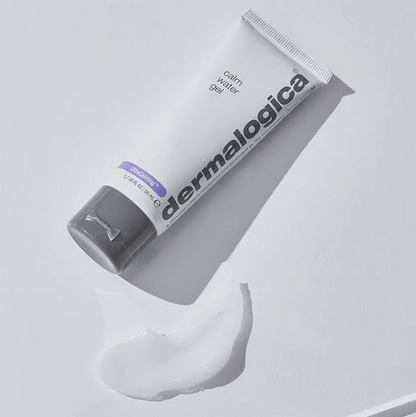 Dermalogica Calm Water Gel 50ml tube on a surface with a gel droplet, ideal for hydration of dry, sensitive skin.