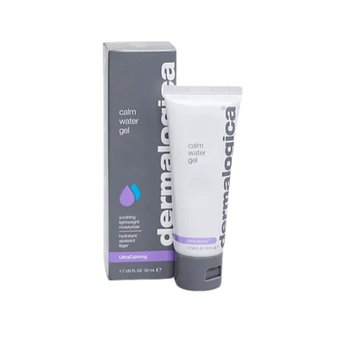 Dermalogica Calm Water Gel 50ml packaging and tube, designed for dry, sensitive skin hydration and calming.