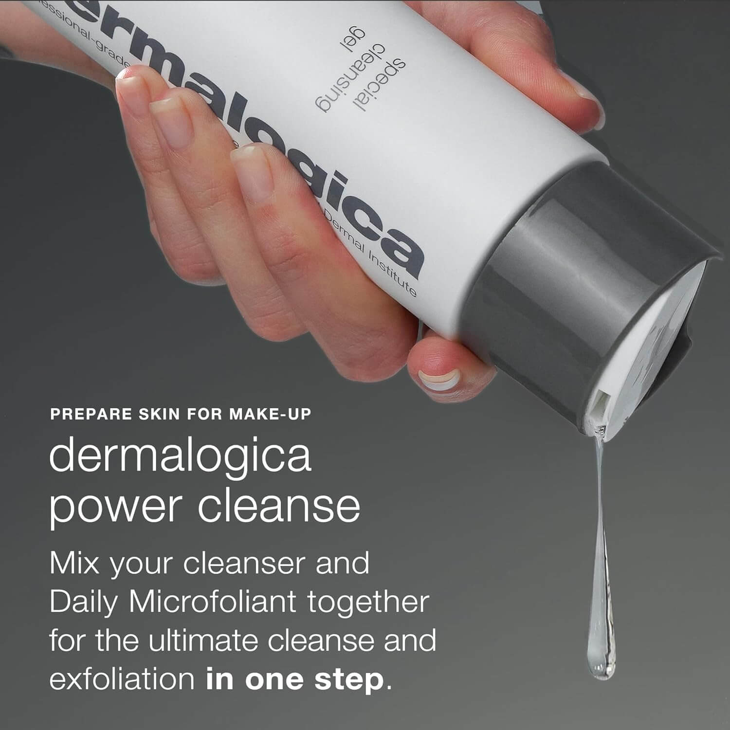 Dermalogica power cleanse being applied with text on a gray background