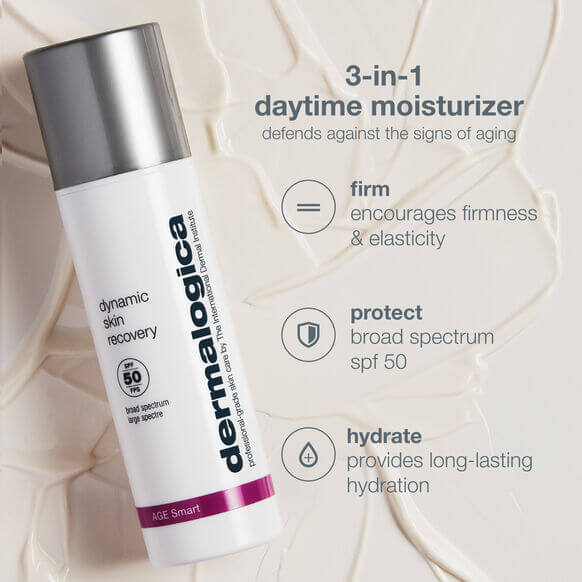 Dermalogica Dynamic Skin Recovery SPF 50 moisturizer, offers hydration, firmness, and sun protection in a sleek 3-in-1 design.