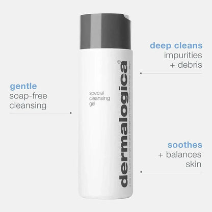 Dermalogica Special Cleansing Gel bottle, soap-free formula for deep cleaning and soothing all skin types.