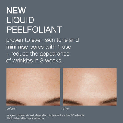 Advertisement for a dermalogica new liquid peelfoliant with before and after skin comparison on a gray background.
