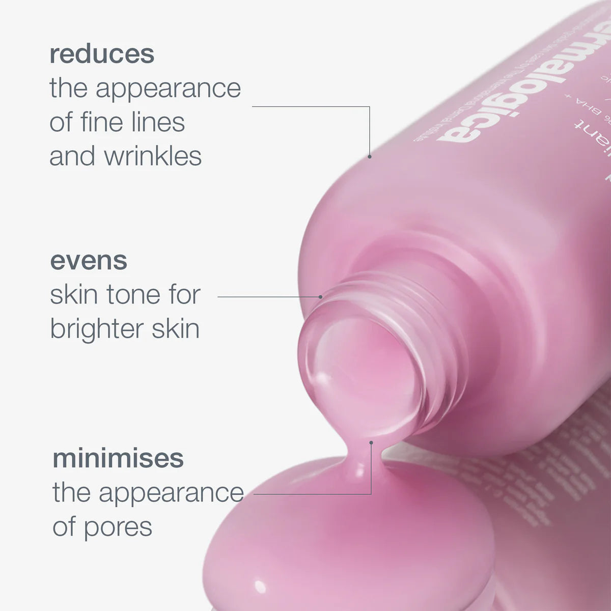 dermalogica Pink skincare bottle with text highlighting its benefits on a white background
