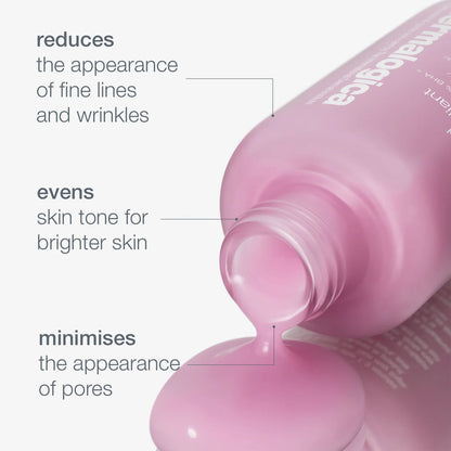 dermalogica Pink skincare bottle with text highlighting its benefits on a white background