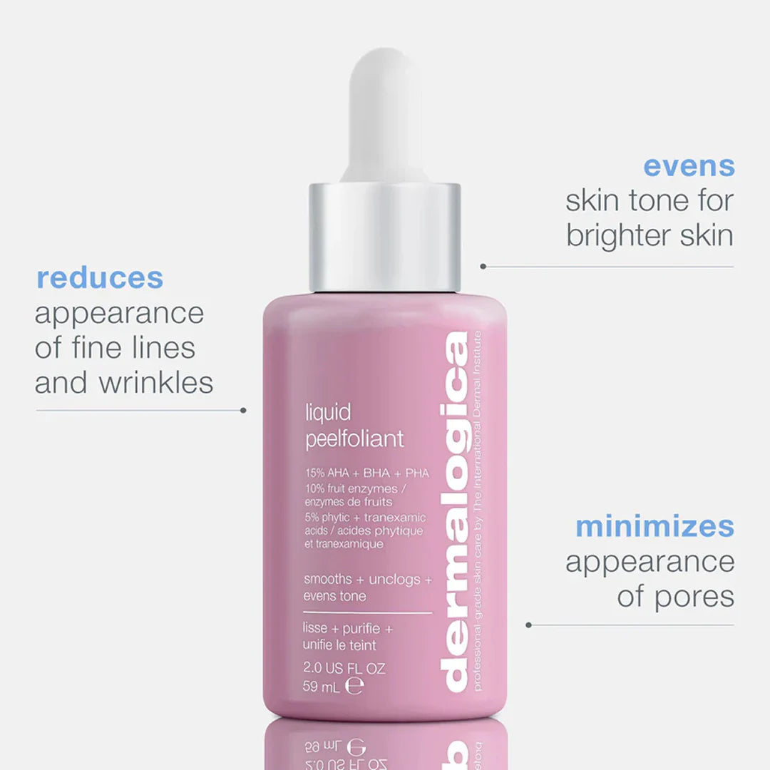 Dermalogica liquid peeloffant bottle with text highlighting benefits on a white background