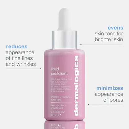 Dermalogica liquid peeloffant bottle with text highlighting benefits on a white background