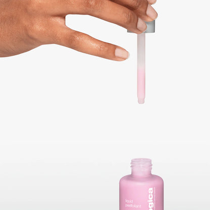 Hand holding a dropper with dermalogica pink liquid next to a pink bottle labeled 'liquid lipstick' on a white background
