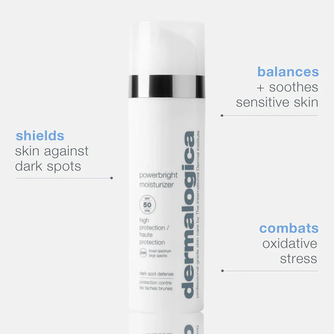 Dermalogica powerbright moisturizer bottle with text highlighting benefits on a white background