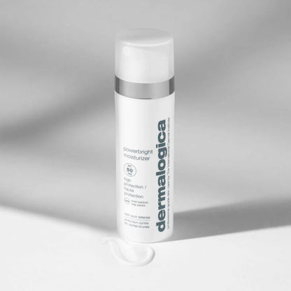 Dermalogica powerbright moisturizer bottle on a gray background