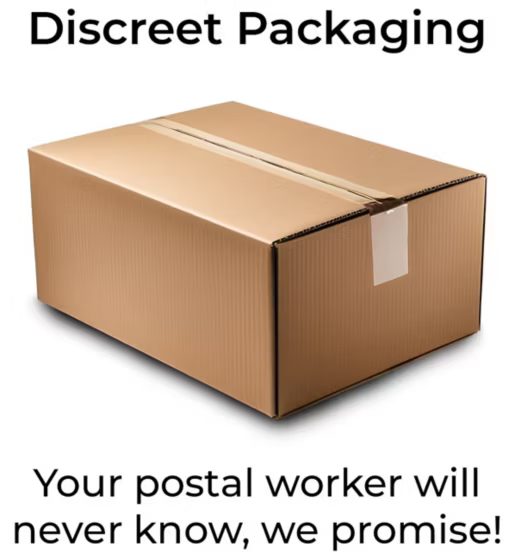 Cardboard box with a window on a white background, labeled 'Discreet Packaging'.