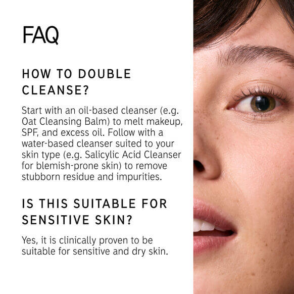FAQ on double cleansing and suitability for sensitive skin with Oat Cleansing Balm.