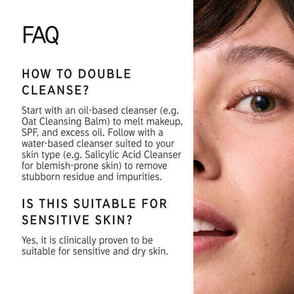 FAQ on double cleansing and suitability for sensitive skin with Oat Cleansing Balm.
