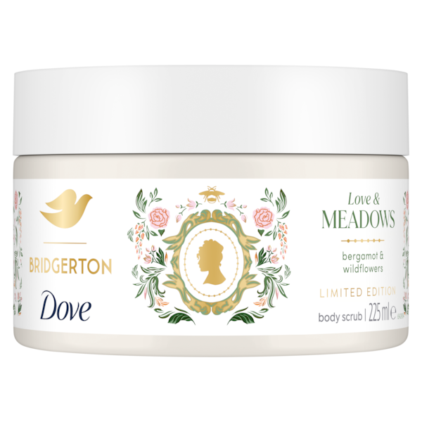 Bridgerton Dove body scrub jar with decorative label on a white background