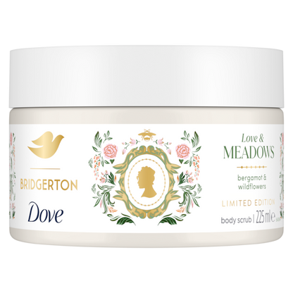 Bridgerton Dove body scrub jar with decorative label on a white background