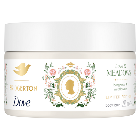 Bridgerton Dove body scrub jar with decorative label on a white background